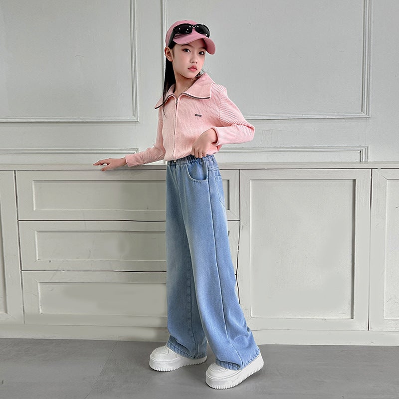Girls' New Jeans Korean Style Children'S Pants Large Children'S Girls Trousers Children'S Labeling Denim Wide Leg Pants - Image 5