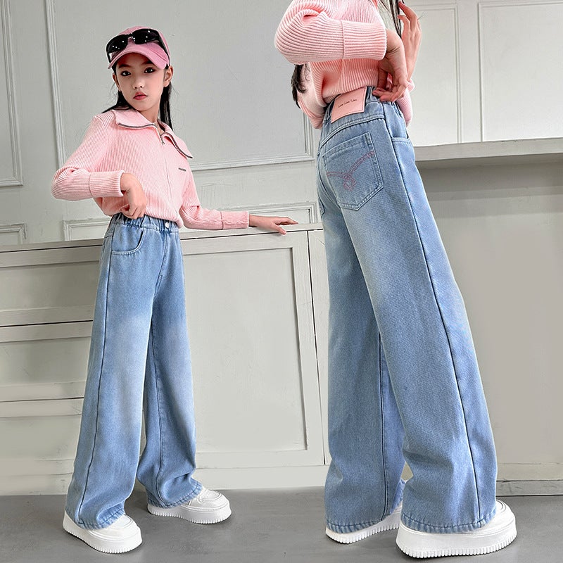Girls' New Jeans Korean Style Children'S Pants Large Children'S Girls Trousers Children'S Labeling Denim Wide Leg Pants - Image 2