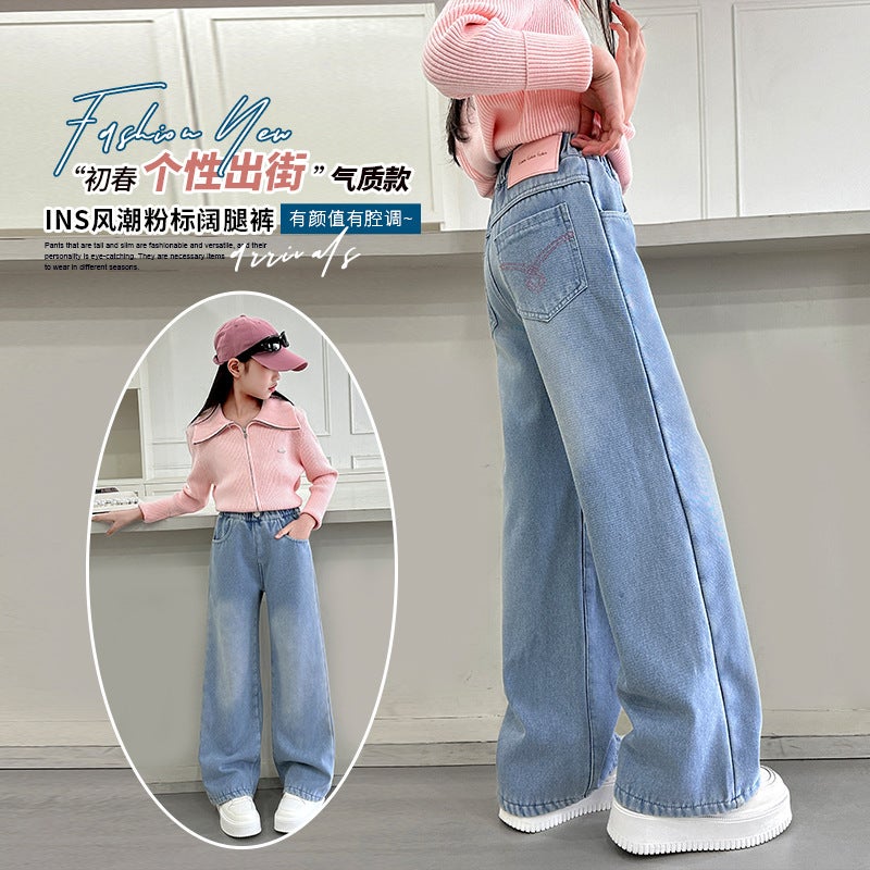 Girls' New Jeans Korean Style Children'S Pants Large Children'S Girls Trousers Children'S Labeling Denim Wide Leg Pants - Image 1