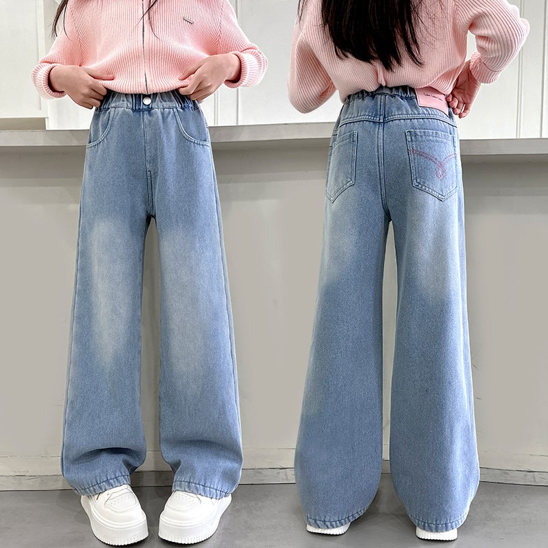 Girls' New Jeans Korean Style Children'S Pants Large Children'S Girls Trousers Children'S Labeling Denim Wide Leg Pants - Image 3