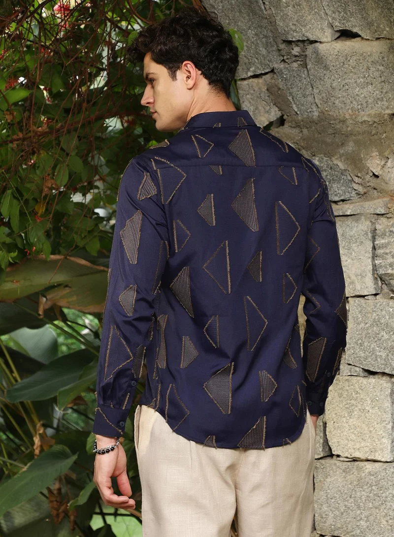 CAHOOT  Men's Navy Blue Edgy-Geometric Woven Shirt for Men | Best Price UAE