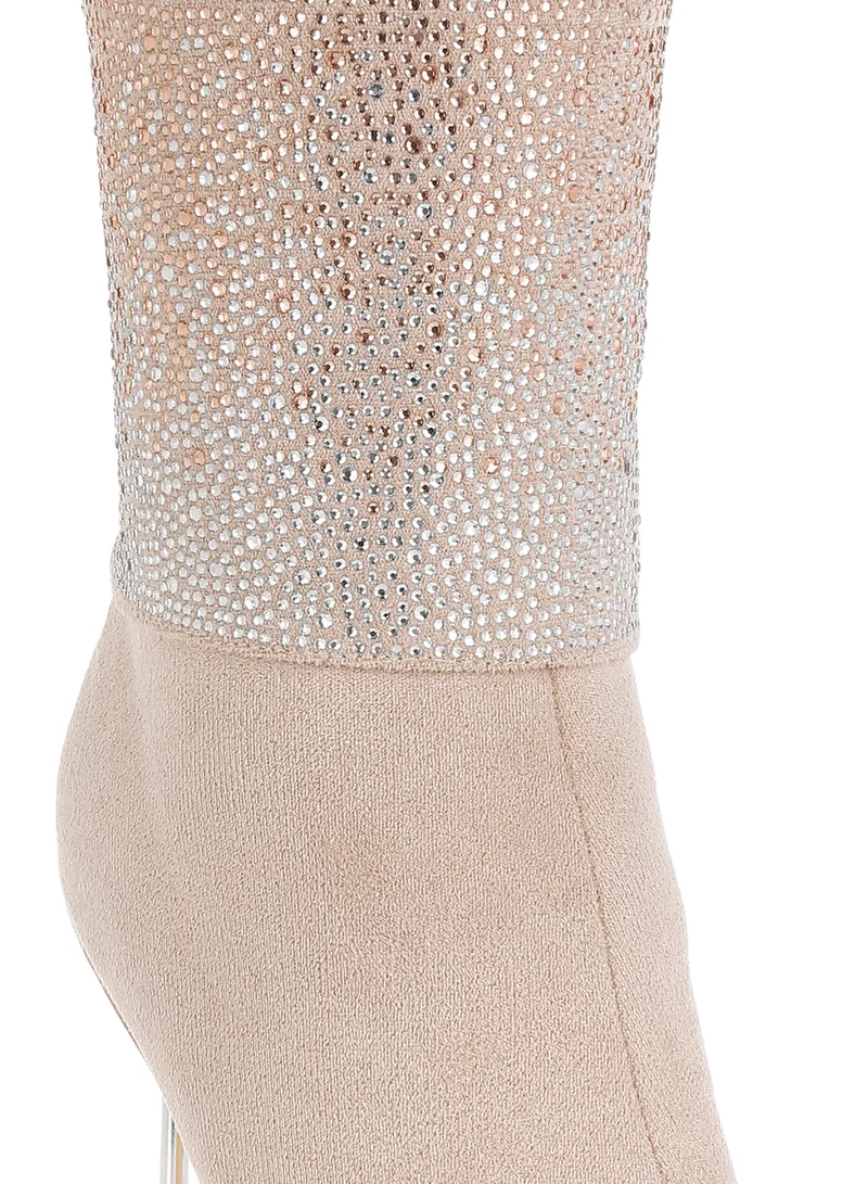 London Rag Rhinestones Embellished Fold Over Boots in Beige