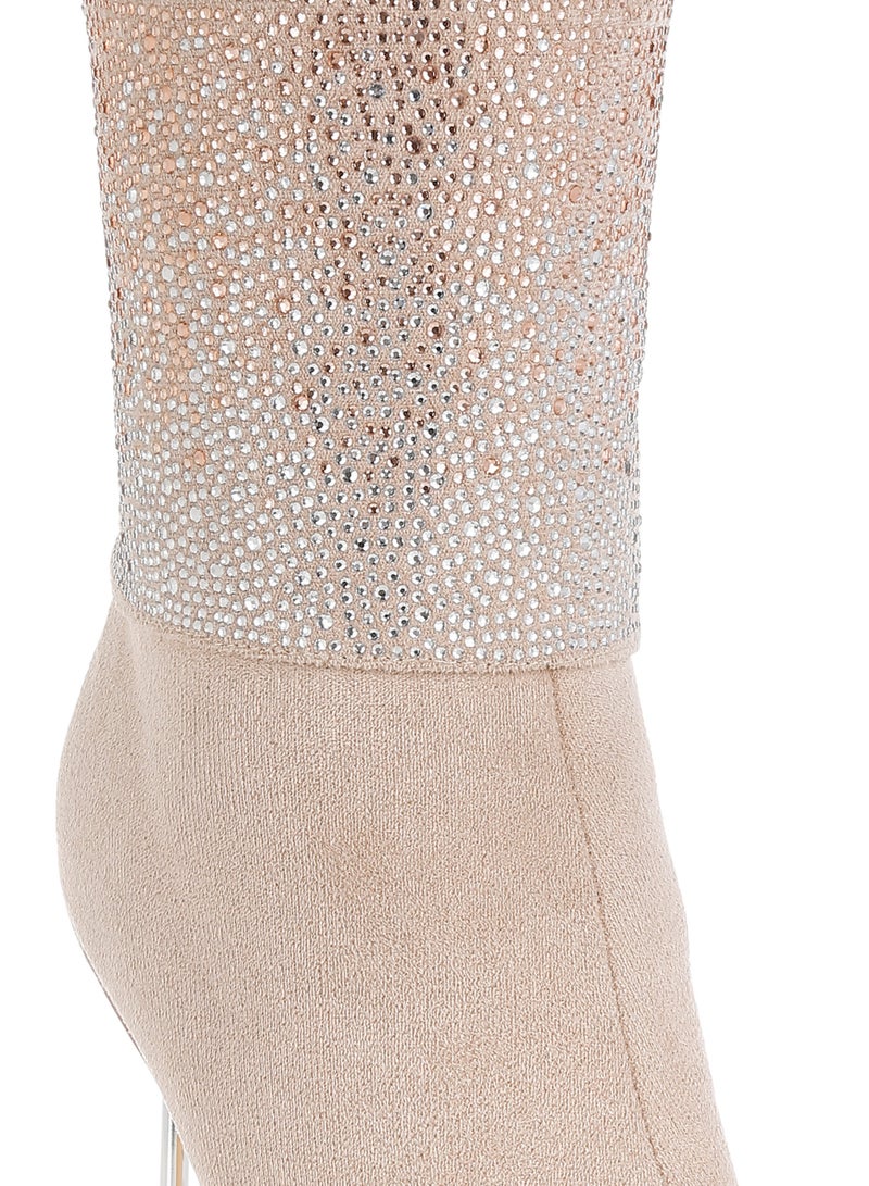 London Rag Rhinestones Embellished Fold Over Boots in Beige - Image 5