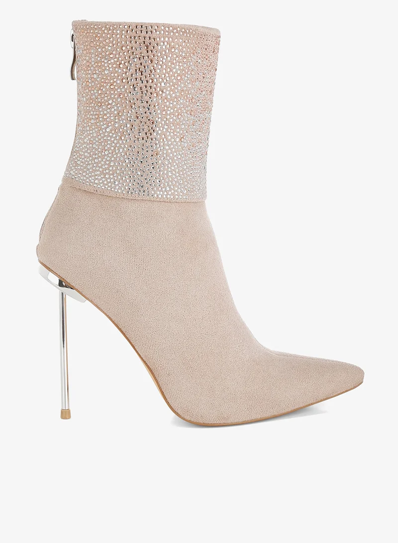 Rhinestones Embellished Fold Over Boots in Beige