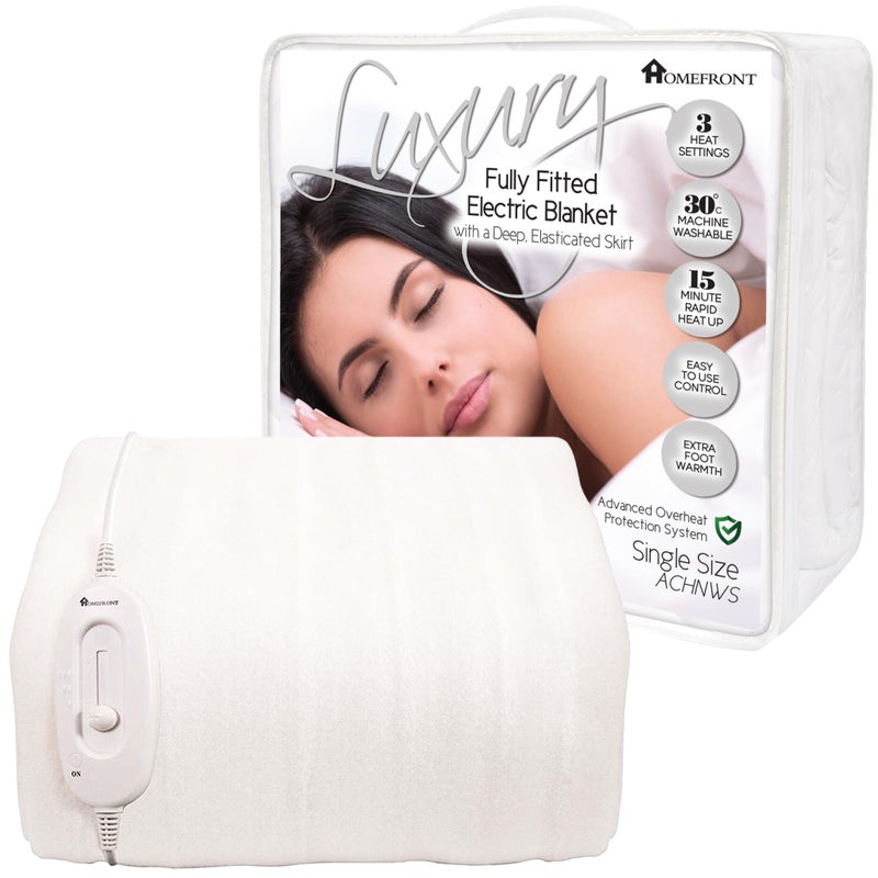 Homefront Electric Blanket Single Bed Size 200 x 107 x 40cm Fitted Heated Mattress Cover Underblanket Elasticated Skirt Fast Heat Up Machine Washable Safe for All Night Use