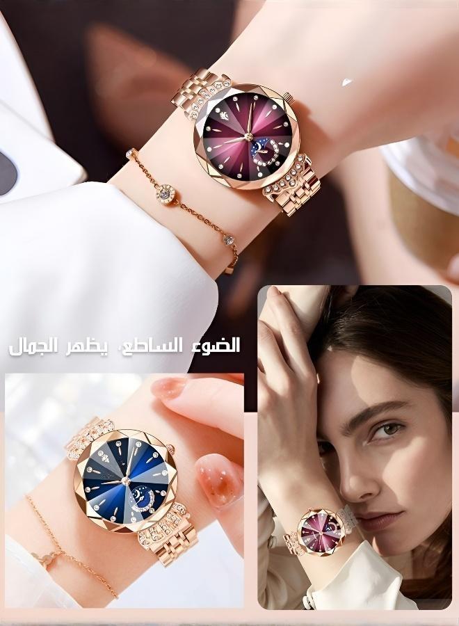 Moon & Stars Inlaid Watch with Modern Steel Bracelet for Women - Image 3