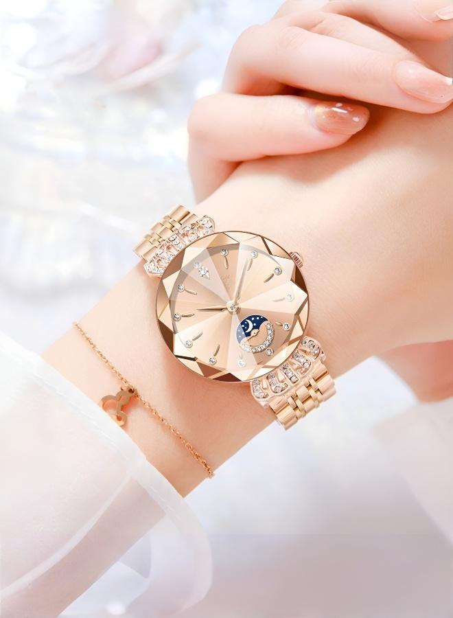 Moon & Stars Inlaid Watch with Modern Steel Bracelet for Women - Image 1