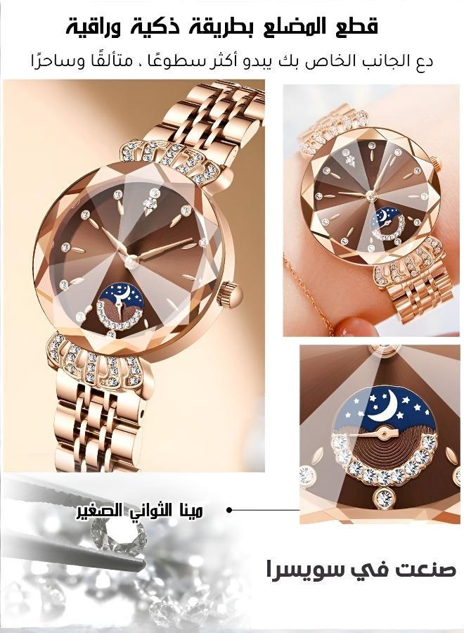 Moon & Stars Inlaid Watch with Modern Steel Bracelet for Women - Image 5