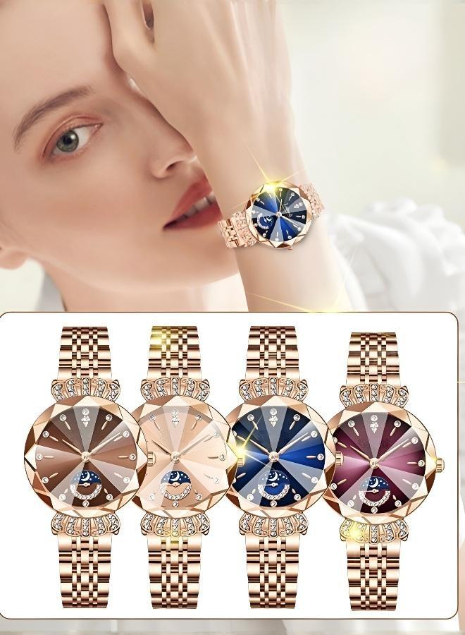Moon & Stars Inlaid Watch with Modern Steel Bracelet for Women - Image 2