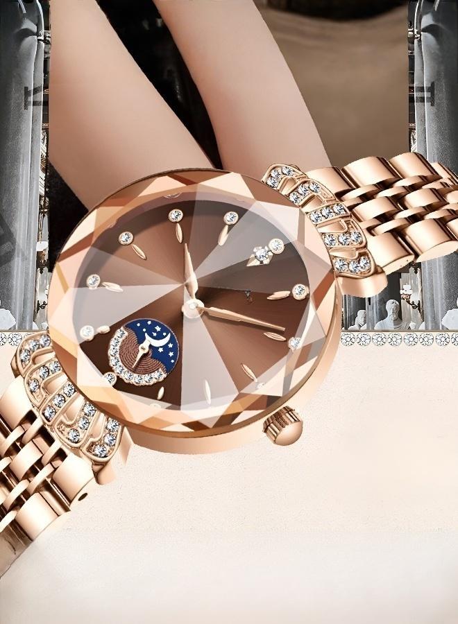 Moon & Stars Inlaid Watch with Modern Steel Bracelet for Women - Image 4