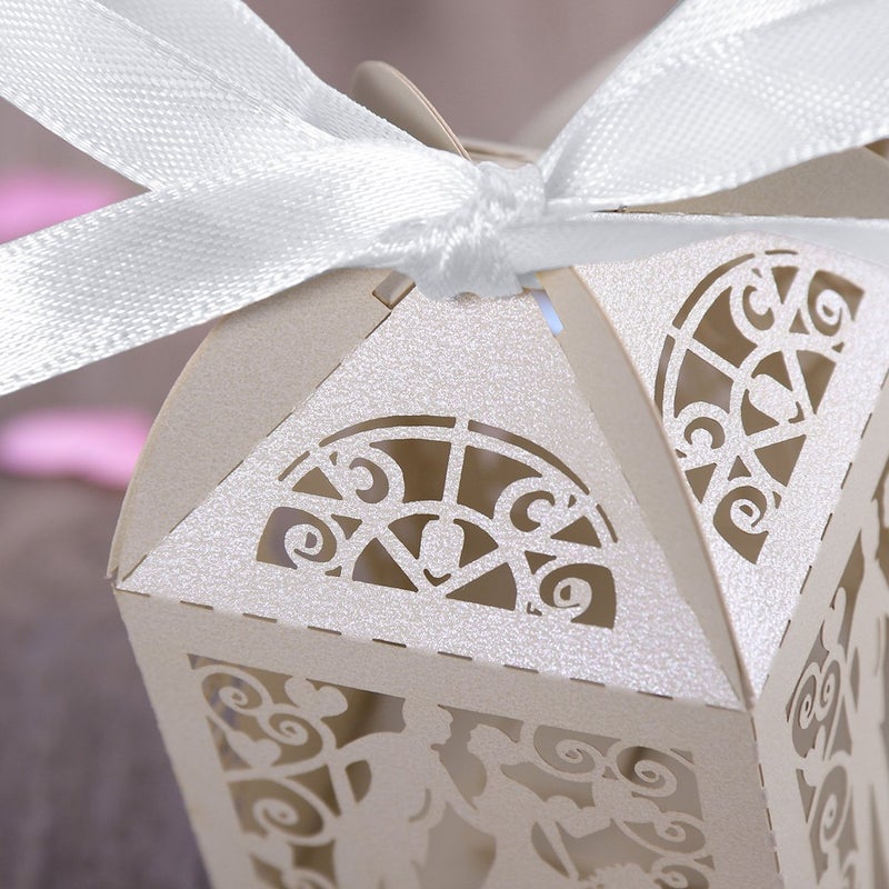 Tinksky 100pcs Wedding Candy Boxes Couple Design Luxury Lase Cut Party Wedding Favor Ribbon Candy Boxes Gift Box Table Decorations (White) - Image 3