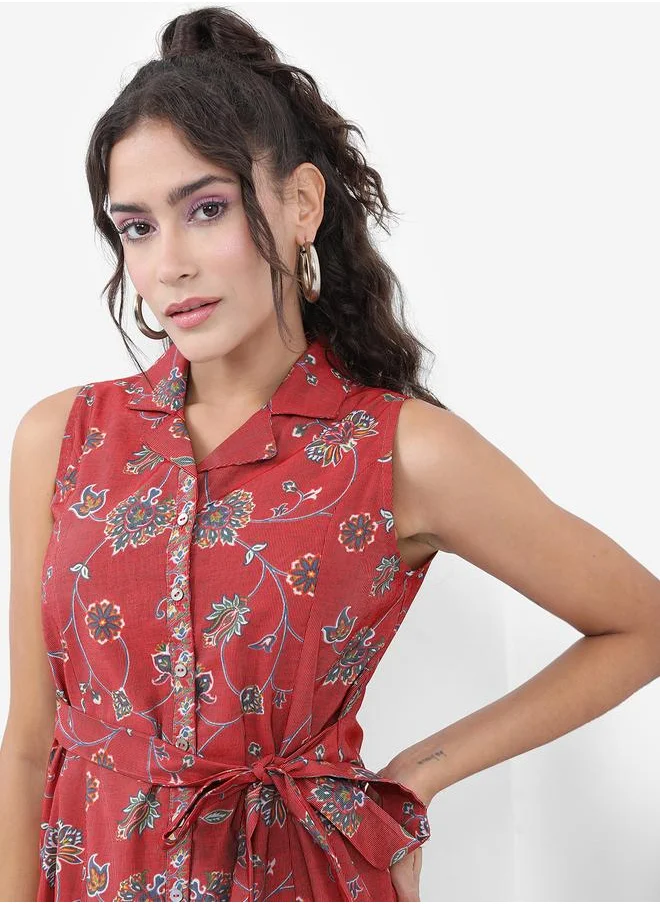 فيشود Vishudh Floral Printed Belted Shirt Midi Dress
