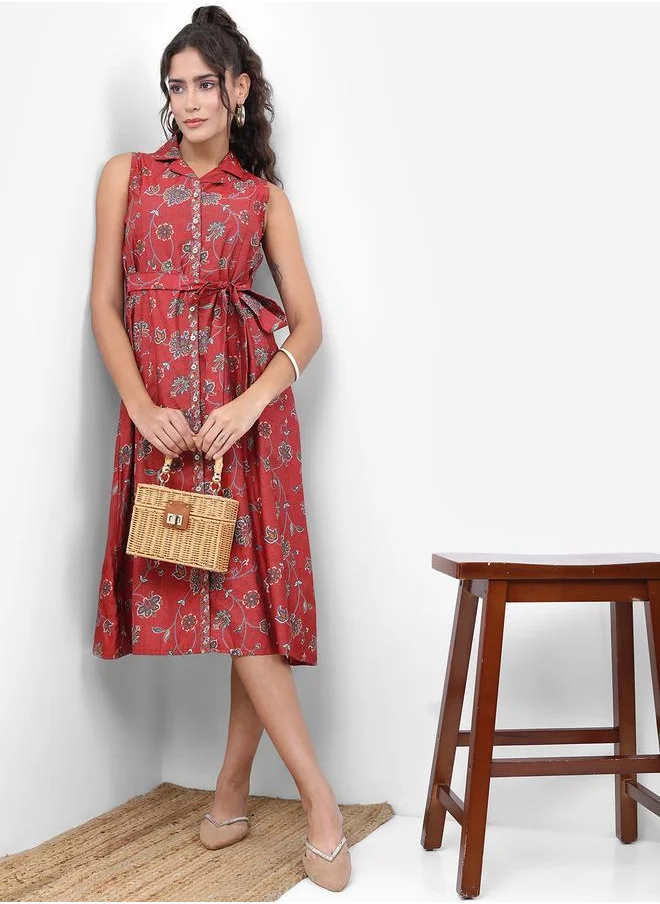 فيشود Vishudh Floral Printed Belted Shirt Midi Dress