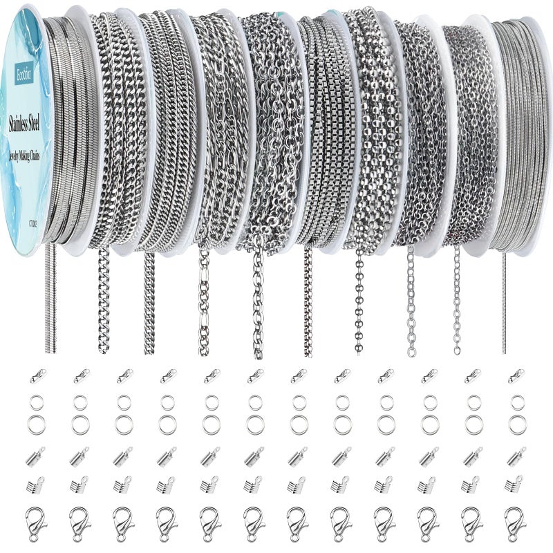 Ecoofor Necklace Chains for Jewelry Making, 82 Feet 10 Rolls Stainless Steel Jewelry Chains for Men Women DIY Necklace Bracelet Jewelry with Jump Rings/Lobster Clasps/Connectors - Image 1