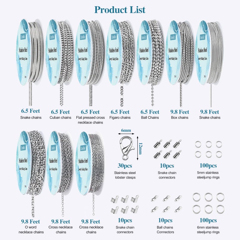 Ecoofor Necklace Chains for Jewelry Making, 82 Feet 10 Rolls Stainless Steel Jewelry Chains for Men Women DIY Necklace Bracelet Jewelry with Jump Rings/Lobster Clasps/Connectors - Image 3