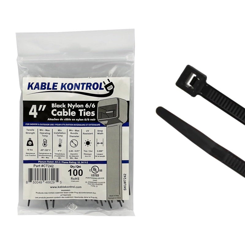 Kable Kontrol Cable Zip Ties 100 Pcs 4 Inch Black, 18 Lbs Tensile Strength, Self-Locking UV Resistant Plastic Nylon Wire Ties, for Indoor or Outdoor Use - Image 1