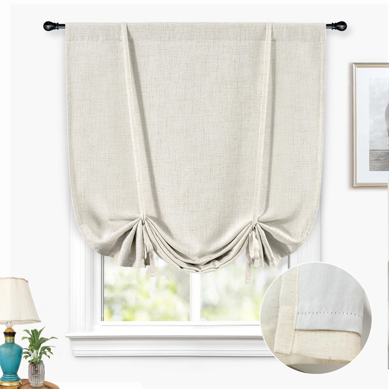 DriftAway Double Layer Linen Blackout Tie Up Curtains Thermal Insulated Fully Lined Balloon Roman Shade Bathroom Window Adjustable Rod Pocket for Small Window 39 Inch by 55 Inch Light Linen - Image 1