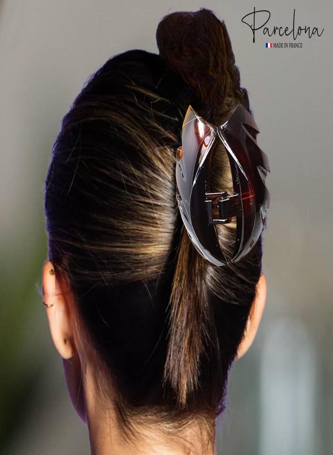 Parcelona French Streaks Wide Large Shell Brown Flat Teeth Celluloid Covered Spring Jaw Hair Claw Clip for Thick or Long Hair - Image 2