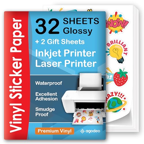 AgoDeo Premium Printable Vinyl Sticker Paper for Inkjet & Laser Printer - 32 Sheets Self-Adhesive Sheets Glossy White Waterproof, Dries Quickly Vivid Colors, Holds Ink well- Tear Resistant (Glossy) - Image 5