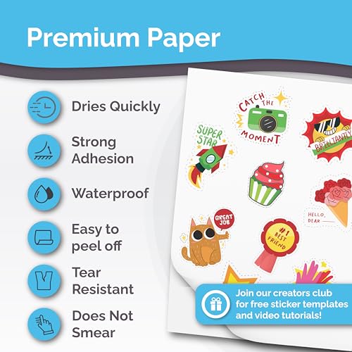 AgoDeo Premium Printable Vinyl Sticker Paper for Inkjet & Laser Printer - 32 Sheets Self-Adhesive Sheets Glossy White Waterproof, Dries Quickly Vivid Colors, Holds Ink well- Tear Resistant (Glossy) - Image 2