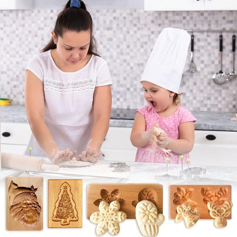 Yangshine 4 Pieces Wooden Cookie Moulds Cookies Carved Wooden Mould DIY Cookie Stamp Cookie Cutter Funny 3D Press Embossing Mould for Christmas Baking Tool - Image 3