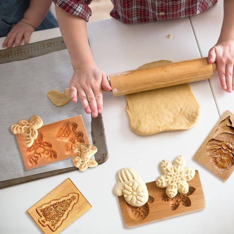 Yangshine 4 Pieces Wooden Cookie Moulds Cookies Carved Wooden Mould DIY Cookie Stamp Cookie Cutter Funny 3D Press Embossing Mould for Christmas Baking Tool - Image 4