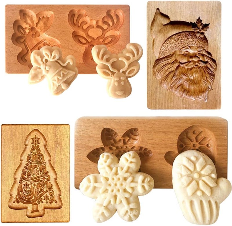 Yangshine 4 Pieces Wooden Cookie Moulds Cookies Carved Wooden Mould DIY Cookie Stamp Cookie Cutter Funny 3D Press Embossing Mould for Christmas Baking Tool - Image 1