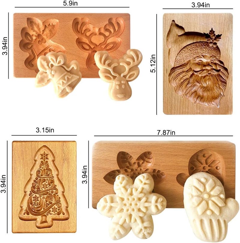 Yangshine 4 Pieces Wooden Cookie Moulds Cookies Carved Wooden Mould DIY Cookie Stamp Cookie Cutter Funny 3D Press Embossing Mould for Christmas Baking Tool - Image 5