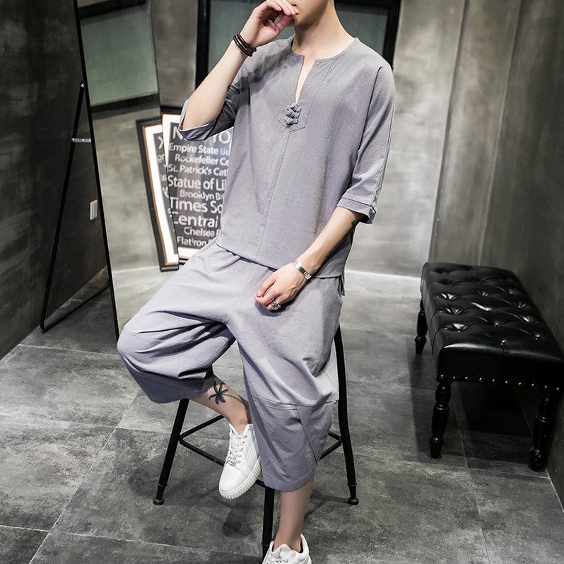 2023 casual suit mens Chinese style fashion loose buckle short sleeve T-shirt bloomers cotton and linen two-piece wholesale Navy blue - Image 2