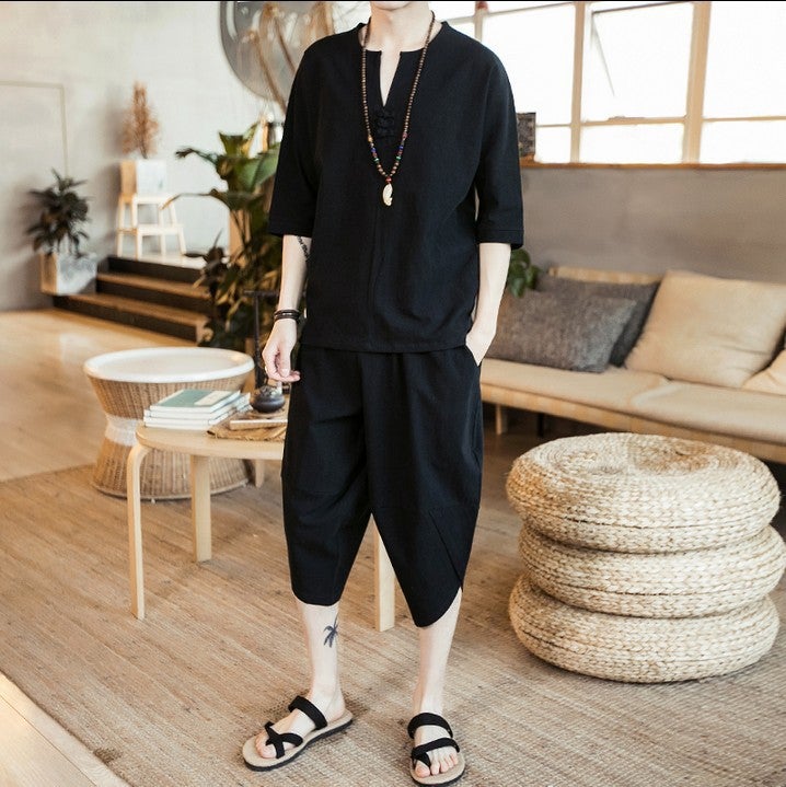 2023 casual suit mens Chinese style fashion loose buckle short sleeve T-shirt bloomers cotton and linen two-piece wholesale Navy blue - Image 4