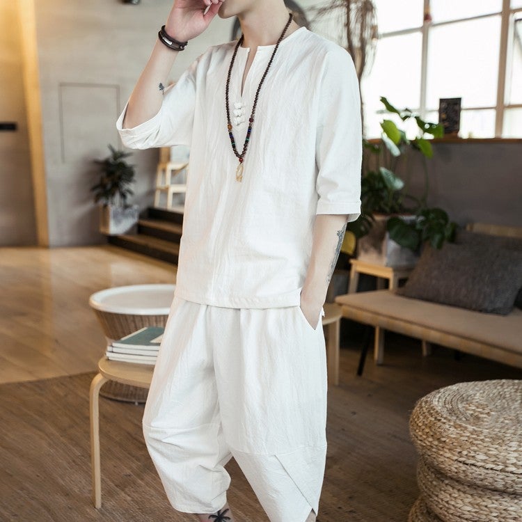 2023 casual suit mens Chinese style fashion loose buckle short sleeve T-shirt bloomers cotton and linen two-piece wholesale Navy blue - Image 5