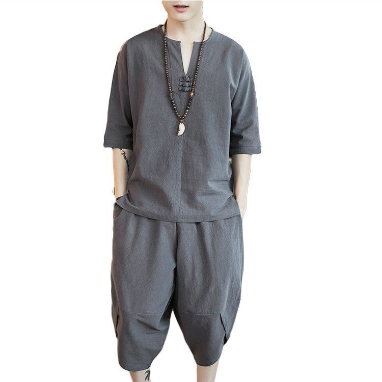 2023 casual suit mens Chinese style fashion loose buckle short sleeve T-shirt bloomers cotton and linen two-piece wholesale Navy blue - Image 3