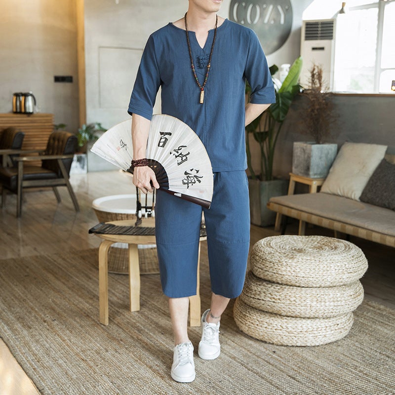 2023 casual suit mens Chinese style fashion loose buckle short sleeve T-shirt bloomers cotton and linen two-piece wholesale Navy blue - Image 1