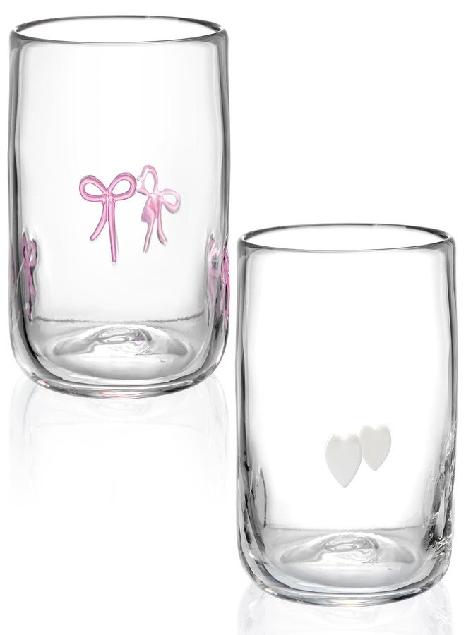 Skylety Set of 2 Bow Icon Juice Glass 14oz Coquette Pink Bow Glass Cup Coquette Heart Coffee Mug Gifts for Women Girls Mothers Day Birthday Bridal Shower Gifts - Image 1