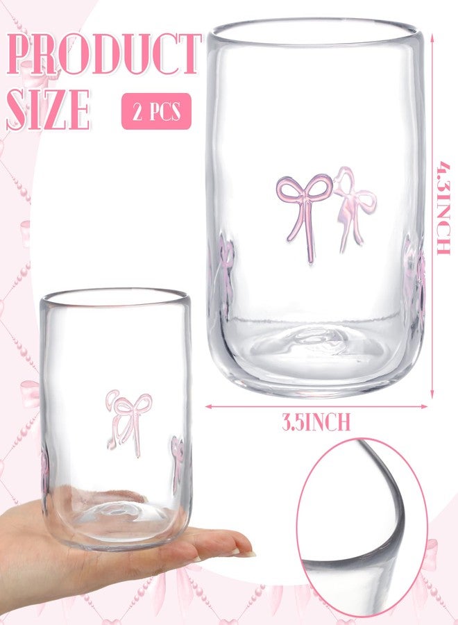Skylety Set of 2 Bow Icon Juice Glass 14oz Coquette Pink Bow Glass Cup Coquette Heart Coffee Mug Gifts for Women Girls Mothers Day Birthday Bridal Shower Gifts - Image 2