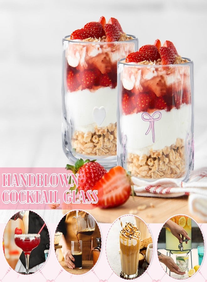 Skylety Set of 2 Bow Icon Juice Glass 14oz Coquette Pink Bow Glass Cup Coquette Heart Coffee Mug Gifts for Women Girls Mothers Day Birthday Bridal Shower Gifts - Image 3