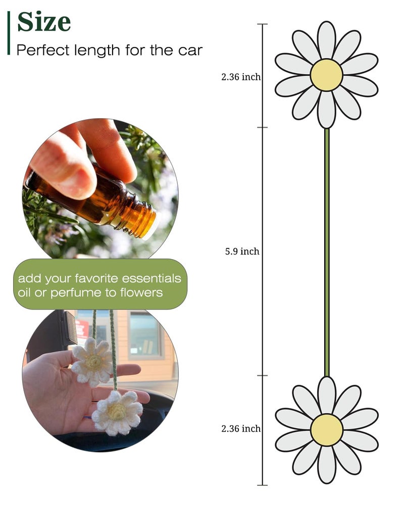 Agromusk Crochet Daisy Car Accessories for Women Cute Rear View Mirror Hanging Charms Handmade Daisy Flower Gifts for Crochet Lovers Car Decor Automotive Interior Aesthetic(White) - Image 3