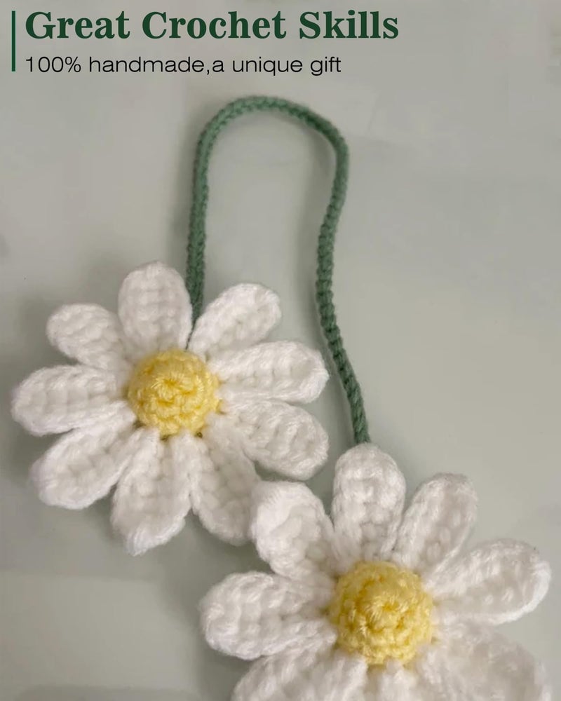 Agromusk Crochet Daisy Car Accessories for Women Cute Rear View Mirror Hanging Charms Handmade Daisy Flower Gifts for Crochet Lovers Car Decor Automotive Interior Aesthetic(White) - Image 5