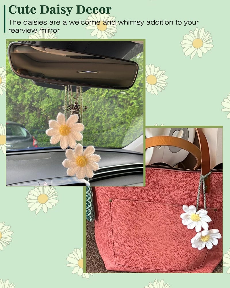 Agromusk Crochet Daisy Car Accessories for Women Cute Rear View Mirror Hanging Charms Handmade Daisy Flower Gifts for Crochet Lovers Car Decor Automotive Interior Aesthetic(White) - Image 4
