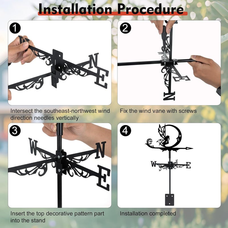 VESTCDF Fairy and Moon Weather Vane, Black Metal Weathervane Roof Mount, Wind Direction Indicators Wind Measuring Tool Outdoor, Wind Vane Ornament Decoration for Shed Garden Yard Farmhouse Patio Decor - Image 5