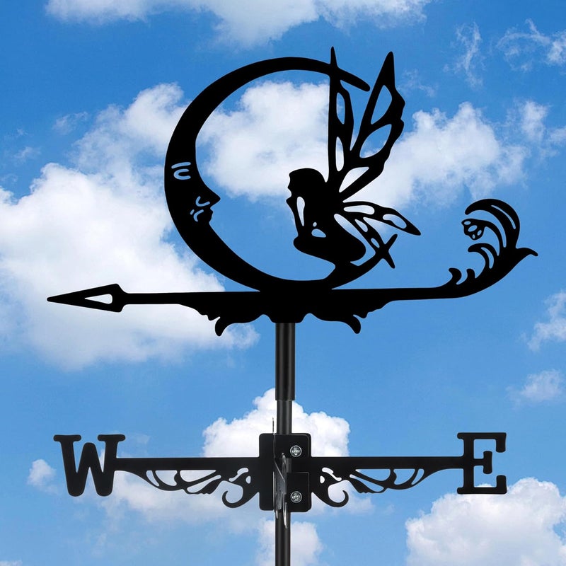 VESTCDF Fairy and Moon Weather Vane, Black Metal Weathervane Roof Mount, Wind Direction Indicators Wind Measuring Tool Outdoor, Wind Vane Ornament Decoration for Shed Garden Yard Farmhouse Patio Decor - Image 1