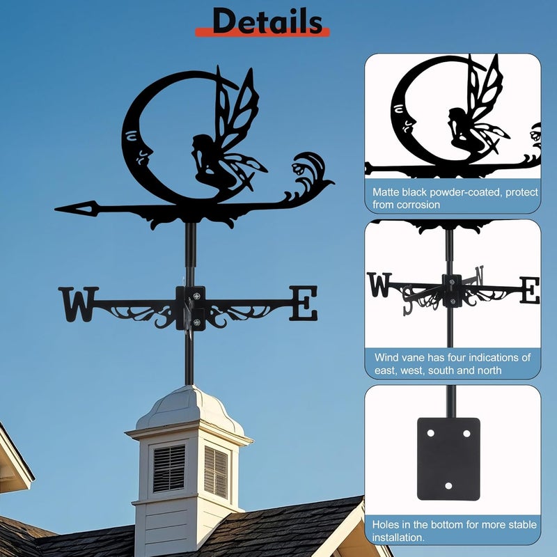 VESTCDF Fairy and Moon Weather Vane, Black Metal Weathervane Roof Mount, Wind Direction Indicators Wind Measuring Tool Outdoor, Wind Vane Ornament Decoration for Shed Garden Yard Farmhouse Patio Decor - Image 4