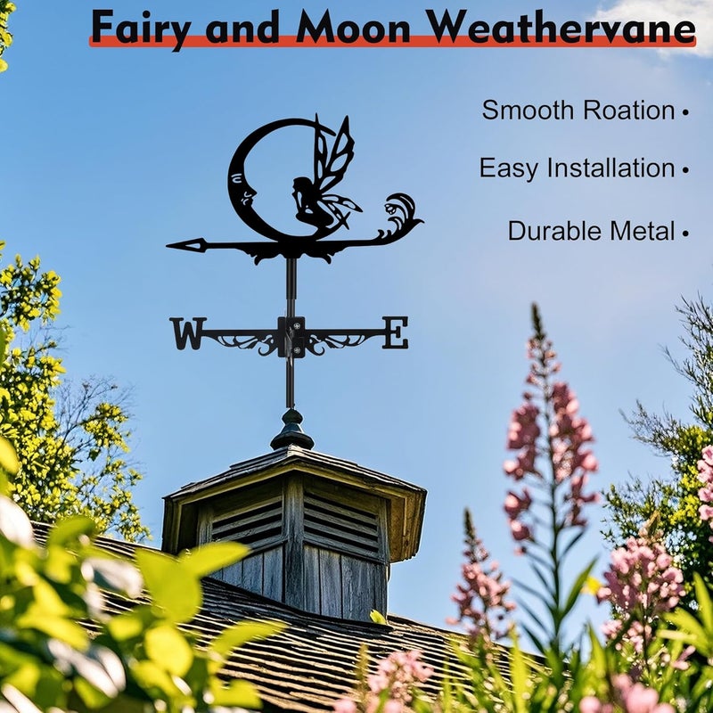 VESTCDF Fairy and Moon Weather Vane, Black Metal Weathervane Roof Mount, Wind Direction Indicators Wind Measuring Tool Outdoor, Wind Vane Ornament Decoration for Shed Garden Yard Farmhouse Patio Decor - Image 3