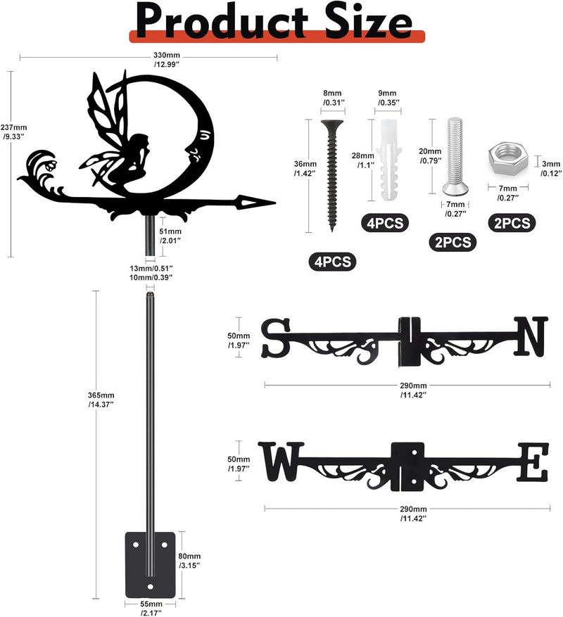 VESTCDF Fairy and Moon Weather Vane, Black Metal Weathervane Roof Mount, Wind Direction Indicators Wind Measuring Tool Outdoor, Wind Vane Ornament Decoration for Shed Garden Yard Farmhouse Patio Decor - Image 2