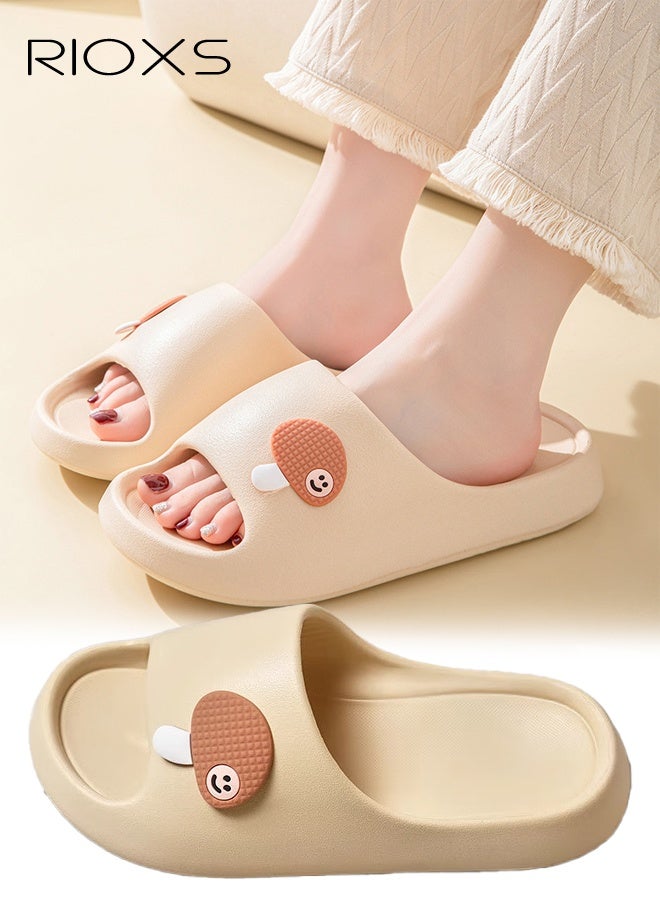 RIOXS Women's Slippers, Cut Cartoon Slide Slipper, Non Slip Shower Slippers, Open Toe Shoes For Spa Bath Pool Gym Travel, Ladies Home Slippers, Indoor Outdoor Slippers, Bathroom Slip-ons For Big Girls And Women-Beige Slippers  - Image 1