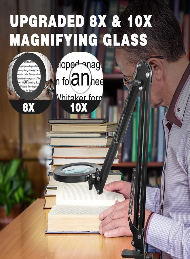 JUBOR 10X 8X Magnifying Glass with Light and Stand, Flexible Magnifying Desk lamp with Light and 27.6″ Swing Arm, C-Clamp, 3 LED Color Modes Stepless Dimmable for Craft Close Work Sewing Reading - Image 2
