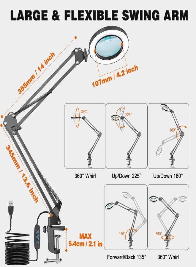 JUBOR 10X 8X Magnifying Glass with Light and Stand, Flexible Magnifying Desk lamp with Light and 27.6″ Swing Arm, C-Clamp, 3 LED Color Modes Stepless Dimmable for Craft Close Work Sewing Reading - Image 5