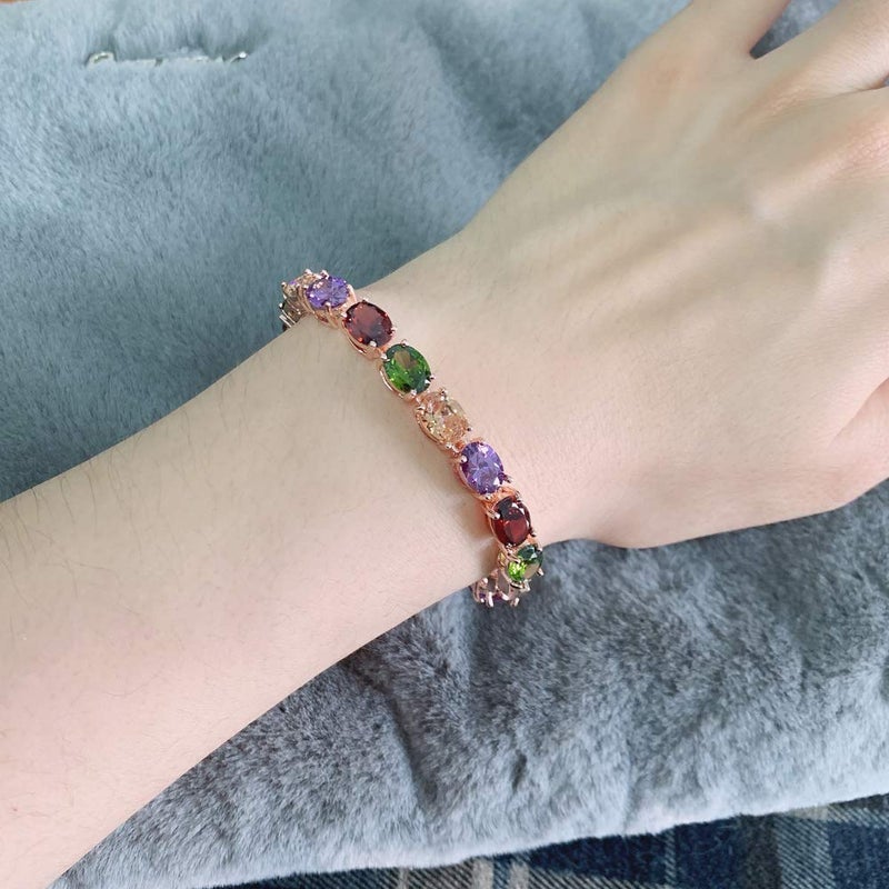 CiNily Tennis Bracelet Ladies Oval Multicolor Topaz Bracelets 18K Rose Gold Plated Luxury Rainbow Bracelet for Women 7" - Image 3