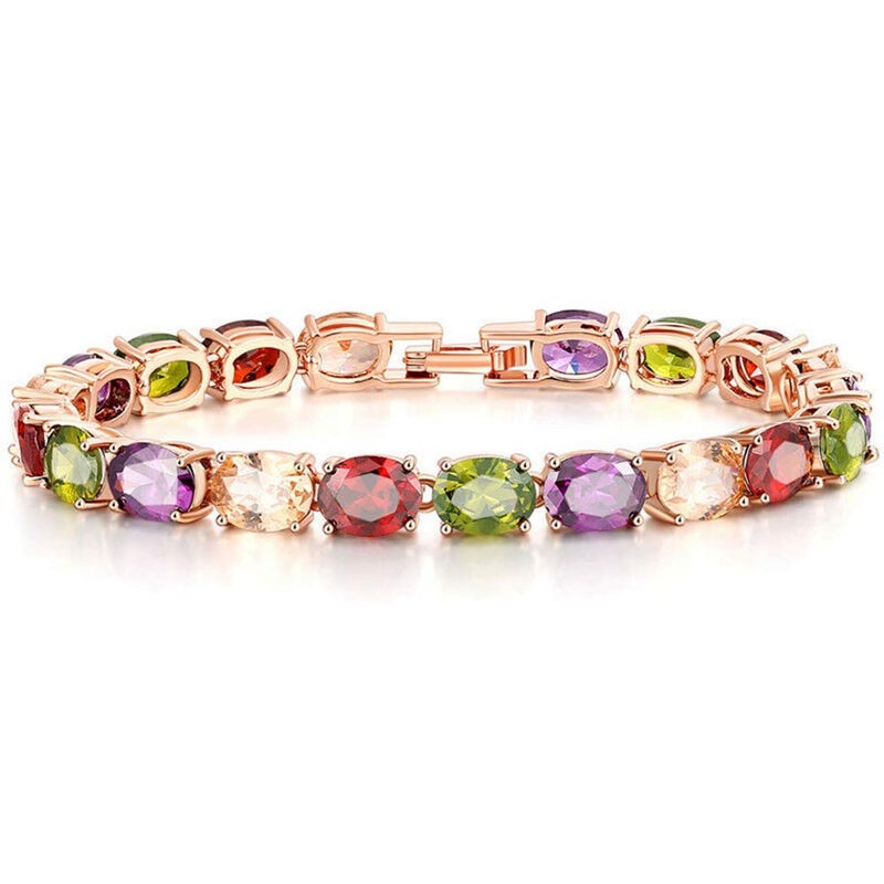 CiNily Tennis Bracelet Ladies Oval Multicolor Topaz Bracelets 18K Rose Gold Plated Luxury Rainbow Bracelet for Women 7" - Image 1