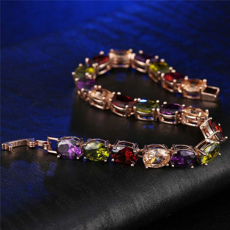 CiNily Tennis Bracelet Ladies Oval Multicolor Topaz Bracelets 18K Rose Gold Plated Luxury Rainbow Bracelet for Women 7" - Image 5